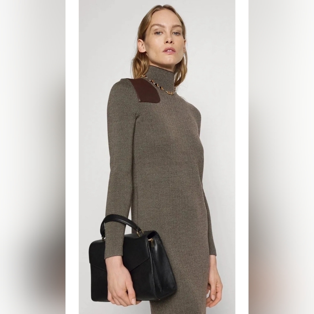 Lauren Ralph Lauren Faux Leather Patch Sweater Dress Wool Herringbone Size 2X - Picture 2 of 10